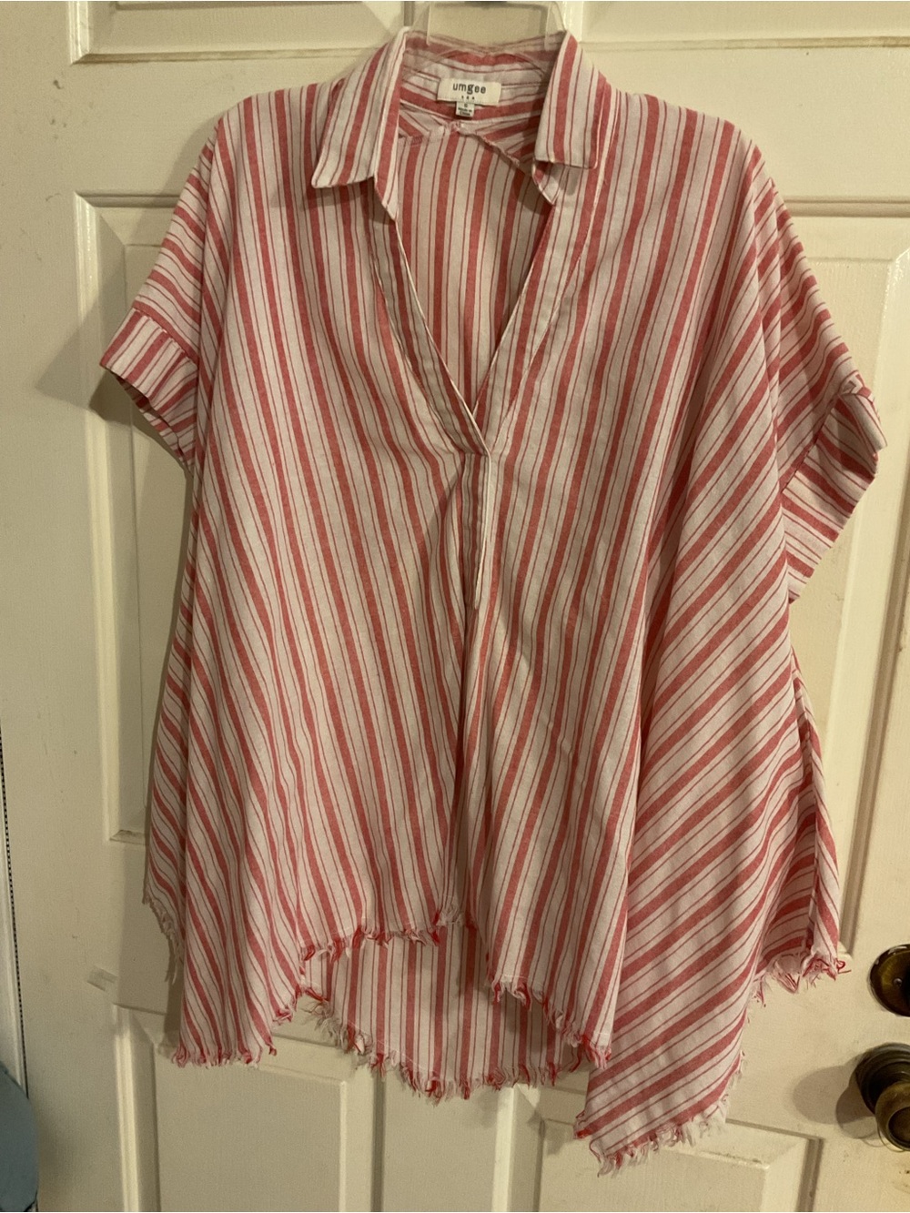 Umgee S. Poncho Style Pink & White Striped Shirt Oversized Fringe Hem